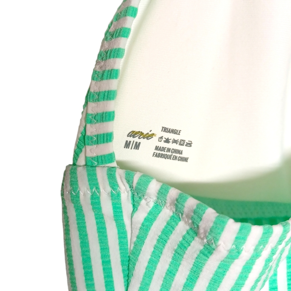 AERIE Bright Green White Thin Stripe Print Ruffle Triangle Bikini Top Medium - Picture 4 of 8